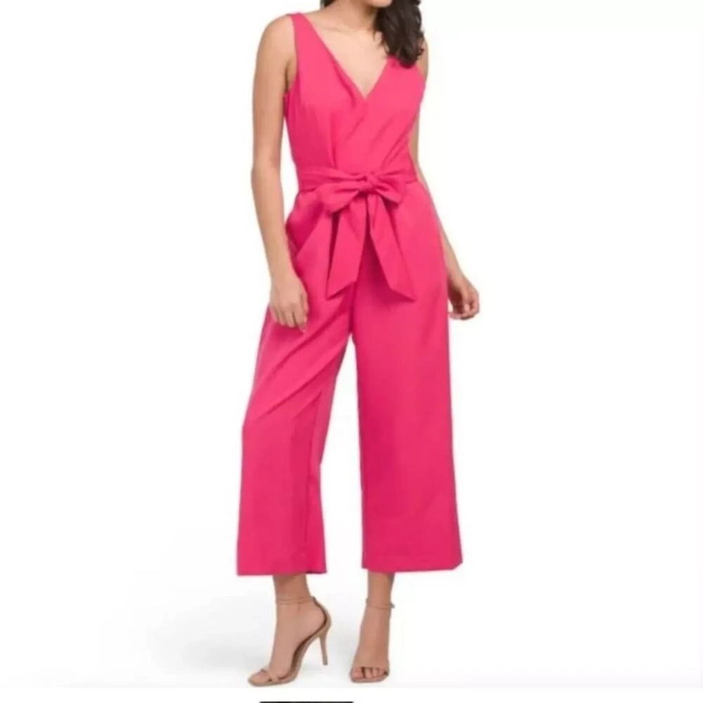NWT Sam Edelman Crop Jumpsuit Women 14 Hot Pink Wide Leg V-Neck Tie Waist Summer